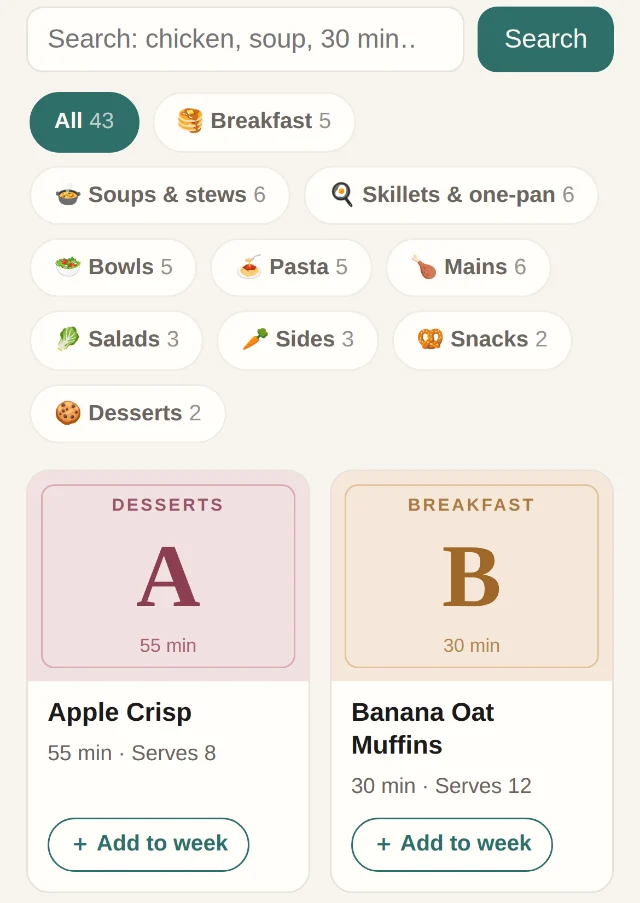 Kithful’s Browse recipes screen: a search box, category chips and recipe cards with an Add to week button.