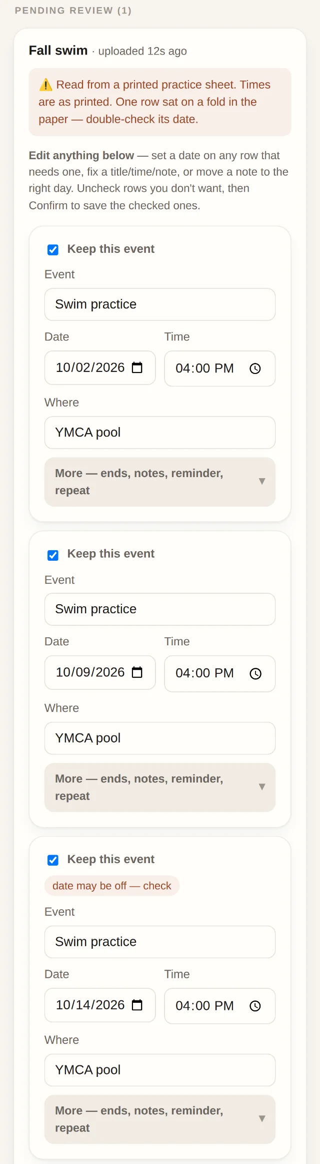 Kithful’s review screen for a scanned “Fall swim” sheet: a note that one row sat on a fold, then a card for each swim practice with editable date, time and place.