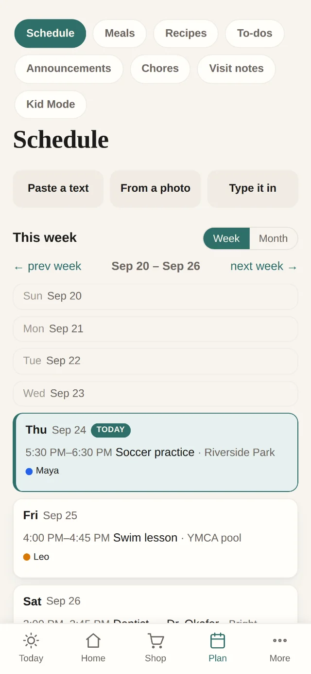 Kithful’s week view: Thursday’s soccer practice marked with a blue dot and Maya’s name, Friday’s swim lesson with an orange dot and Leo’s name.