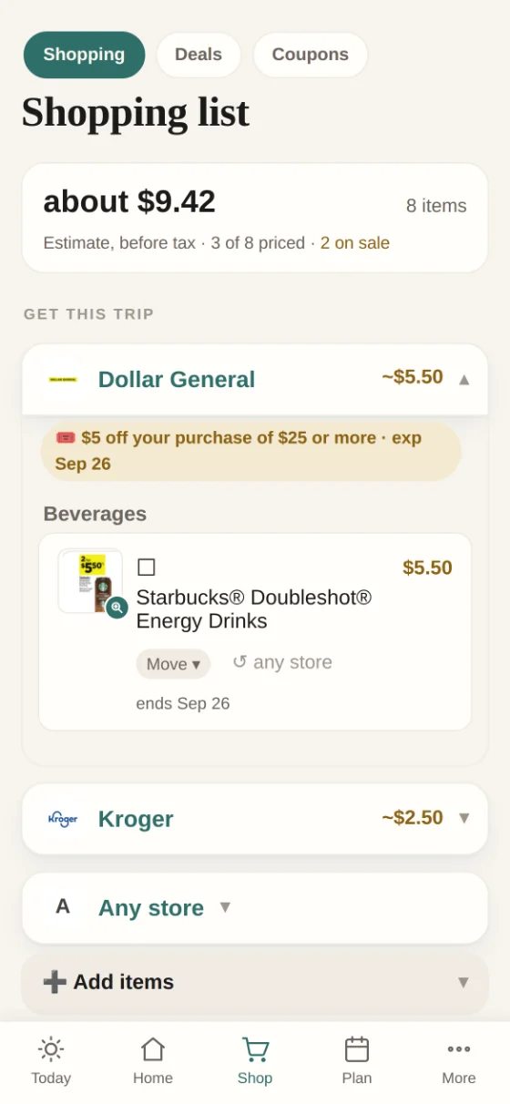 Kithful’s shared shopping list grouped by store, each with its logo: Dollar General open with a $5-off coupon at the top and the Starbucks deal that was picked, with its flyer photo.