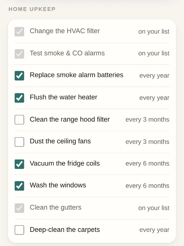 Kithful’s Common household jobs list, Home upkeep section: change the HVAC filter, test smoke and CO alarms, replace smoke alarm batteries every year, flush the water heater every year, and more, each with how often it repeats.